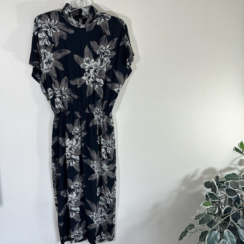 Vintage Phoebe 80s Mock High Neck Dress Midi Black Brown Floral Rayon Cocktail